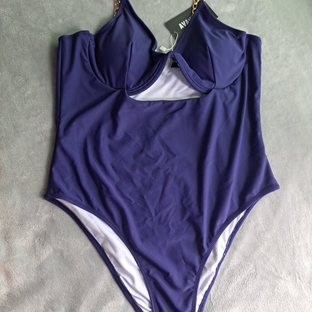 NWT Avanova Swimsuit Navy Large Gold Chain Suspender Underwire One Piece